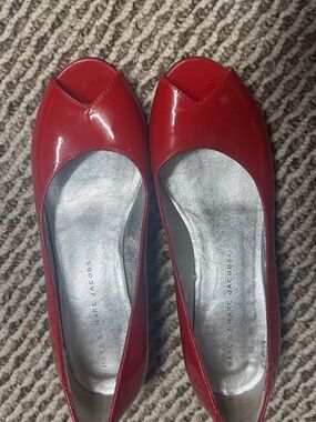 Marc by Marc Jacobs Red Patent Leather Peep-Toe Flats | Silver Insole